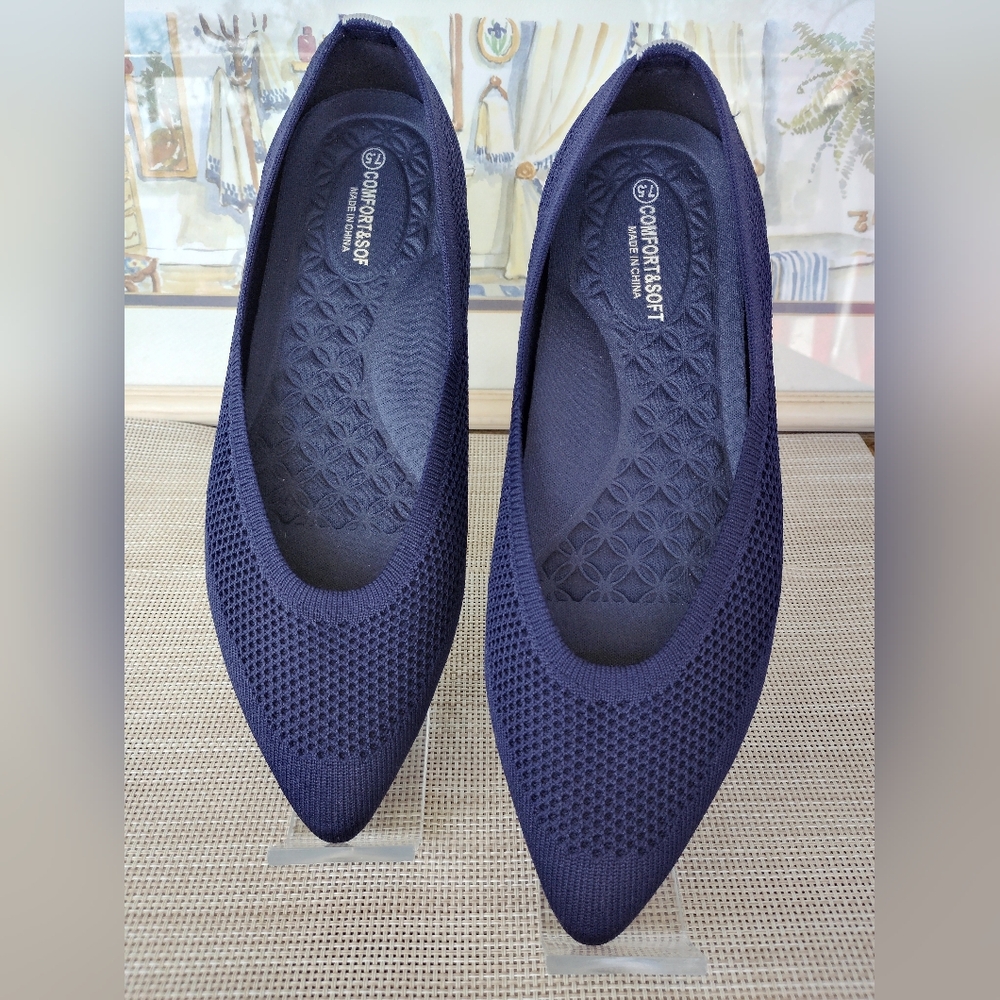 Frank Mully "Maritime Navy" Knit Pointed-Toe Ballet Flats. Size 7.5. Gorgeous.